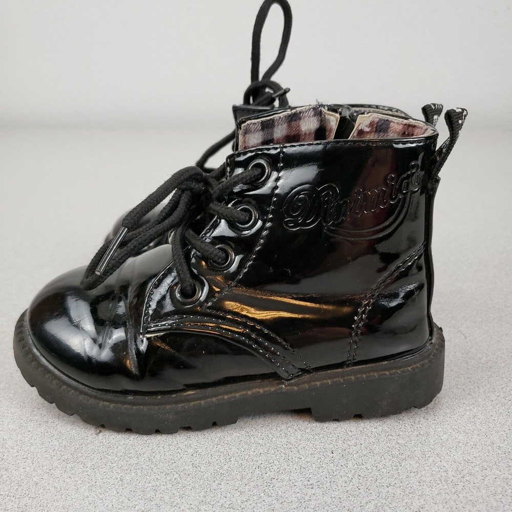 Dinimigi Girls Black Patent Leather Lace Up Ankle Combat Boots Size US 8 EU 24‎